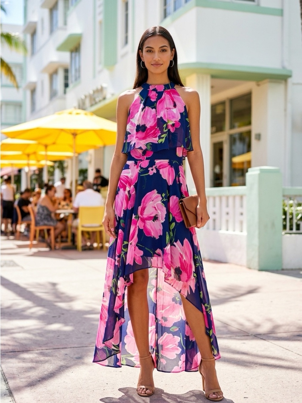 Eliza J Chiffon hi-low Sheer Floral Halter Neck Midi Dress Maximalist Size 10